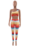 Tangerine Red Sexy Striped Patchwork O Neck Sleeveless Two Pieces