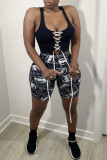 Black Fashion Casual Print Basic Regular High Waist Shorts