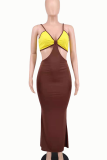 Brown Sexy Solid Hollowed Out Spaghetti Strap Pencil Skirt Dresses