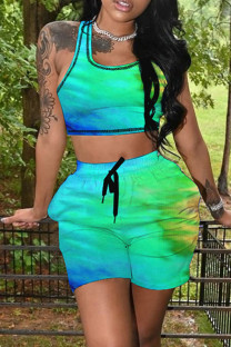 Green Casual Sportswear Print Vests U Neck Sleeveless Two Pieces