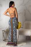 Brown Fashion Sexy Spaghetti Strap Sleeveless Slip Step Skirt Floor-Length Leopard macrame split