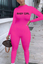 rose red British Style Print Solid O Neck Skinny Jumpsuits