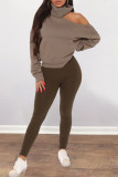 Coffee Fashion Casual Solid Hollowed Out Turtleneck Tops