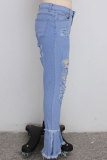 Light Blue Denim Button Fly Sleeveless High Patchwork Solid Hole Old Boot Cut Pants Bottoms
