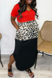 Red Fashion Casual Patchwork Slit V Neck Short Sleeve Dress