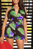 Blue Fashion Sexy Print Backless Halter Regular Romper