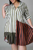 Pink Fashion Plus Size Striped Print Patchwork Turndown Collar Shirt Dress (Without Belt)