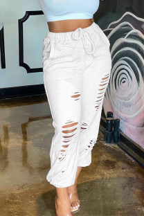 White Casual Solid Ripped Regular Bottoms
