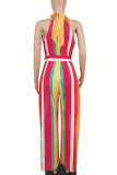 Red Elegant Striped Bandage Patchwork Half A Turtleneck Loose Jumpsuits