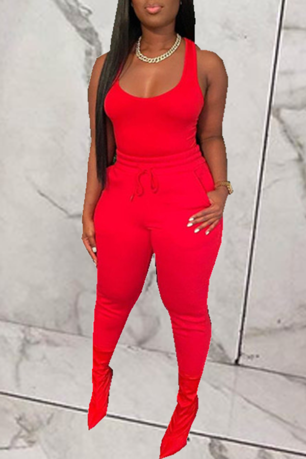 Red Casual Solid Patchwork U Neck Sleeveless Two Pieces