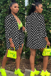 Black Lightly cooked Dot Print Straight Long Sleeve Two-Piece Short Set