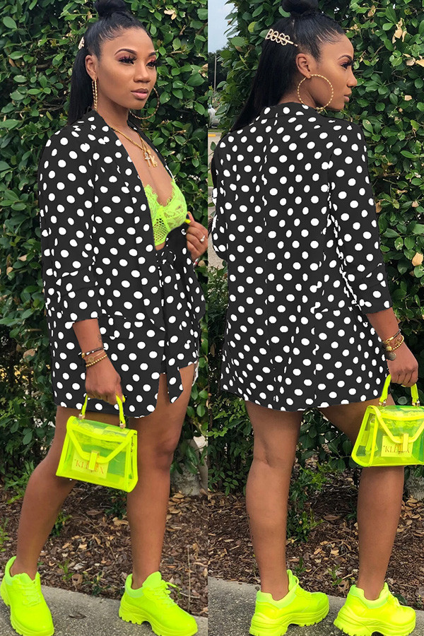 Black Lightly cooked Dot Print Straight Long Sleeve Two-Piece Short Set