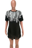 Black Sexy Casual Blends Letter Patchwork Print Tassel Patchwork Basic O Neck Short Sleeve Mini T-shirt Dress Dresses