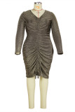 Gold Fashion Casual Plus Size Solid Draw String V Neck Long Sleeve Dresses