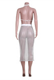 White Fashion Sexy Solid See-through Backless Halter Sleeveless Two Pieces