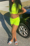 Fluorescent Green Fashion Casual Solid Basic Hooded Collar Short Sleeve Two Pieces