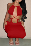 White Sexy Solid Hollowed Out Halter Pencil Skirt Dresses