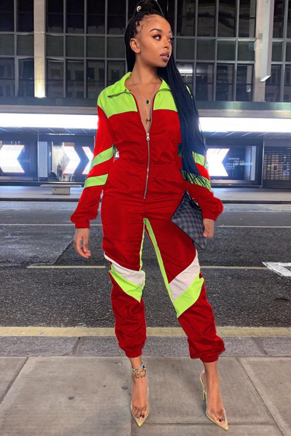 Red Sexy Fashion Patchwork zipper Solid Long Sleeve Turndown Collar 