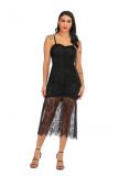 Black Fashion Sexy Spaghetti Strap Sleeveless Slip Step Skirt Mid-Calf lace Mesh Patchwork Club