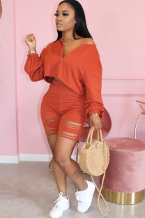 Orange Fashion adult Ma'am Street Patchwork Solid Hole Two Piece Suits pencil Long Sleeve Two Pieces