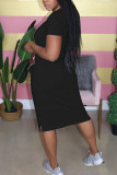 Black Fashion Casual Black Grey Pink Yellow Cap Sleeve Short Sleeves O neck Step Skirt Mid-Calf Print Character Dresses