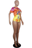 Blue White Blue Orange Yellow colour O Neck Short Sleeve Patchwork Print Character Tops