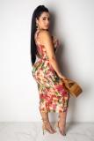 Multi-color Fashion Sexy Spaghetti Strap Sleeveless Slip Sheath Mid-Calf bandage Print Tie and dye asy