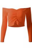 Red One word collar Long Sleeve Solid Slim fit Patchwork crop top 