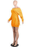 Yellow Sexy Fashion One Shoulder Long Sleeves One word collar Hip skirt skirt backless eyelet bandage Club