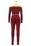 Wine Red Sportswear Solid Patchwork Bateau Neck Long Sleeve Two Pieces