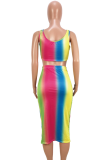 Yellow Sexy Fashion Tank Sleeveless O neck Step Skirt Mid-Calf hollow out Print Fluorescent hole backless