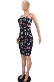 White Sexy Spaghetti Strap Sleeveless Slip Step Skirt Mini Print Patchwork backless Dresses