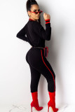 Black knit Active Print Two Piece Suits Lips Print pencil Long Sleeve Two-piece Pants Set