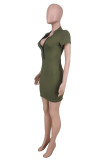 Turquoise Fashion Casual Solid Basic Zipper Collar Short Sleeve Dress