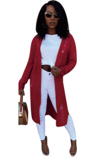 Maroon cardigan Long Sleeve HOLLOWED OUT Patchwork Split 
