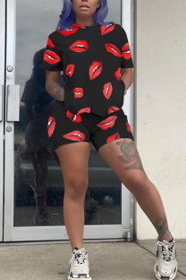 Black Fashion Casual adult Patchwork Print Two Piece Suits Lips Print Straight Short Sleeve Two Pieces