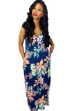 Navy Blue Casual Off The Shoulder Sleeveless Slip Swagger Floor-Length Print Patchwork