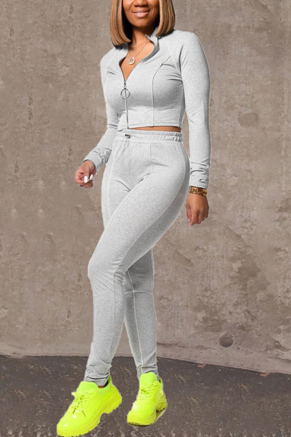 Gray White Casual Solid Patchwork O Neck Long Sleeve Two Pieces