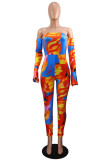 Orange Fashion Sexy Print Bateau Neck Skinny Jumpsuits