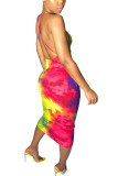 Green Fashion Sexy Green multicolor Off The Shoulder Sleeveless Slip Pencil Dress Mid-Calf backless Tie and dye Dresses