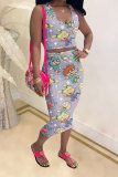 White Fashion Casual adult Patchwork Print Character Two Piece Suits pencil Sleeveless Two Pieces