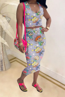 purple Fashion Casual adult Patchwork Print Character Two Piece Suits pencil Sleeveless Two Pieces