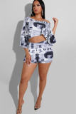 White Celebrities Fashion adult Two Piece Suits Patchwork Letter Print pencil Half Sleeve