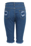 Blue Denim Button Fly Mid Patchwork Solid Hole washing Old Straight Capris Bottoms