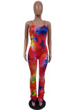 rose red Fashion Sexy Print Patchwork Tie-dyed Draped Sleeveless Slip Jumpsuits