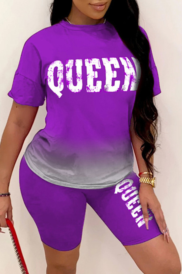 Purple Fashion Casual Gradual Change Letter Print Basic O Neck Short Sleeve Two Pieces