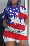 Red Fashion Casual adult Patchwork Print Two Piece Suits Straight Short Sleeve Two Pieces