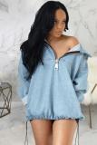 Blue Denim Turndown Collar Long Sleeve washing Zippered Old Long Sleeve Tops