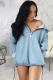 Blue Denim Turndown Collar Long Sleeve washing Zippered Old Long Sleeve Tops