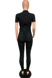 Black Fashion Casual Solid Draped Short Sleeve O Neck Jumpsuits